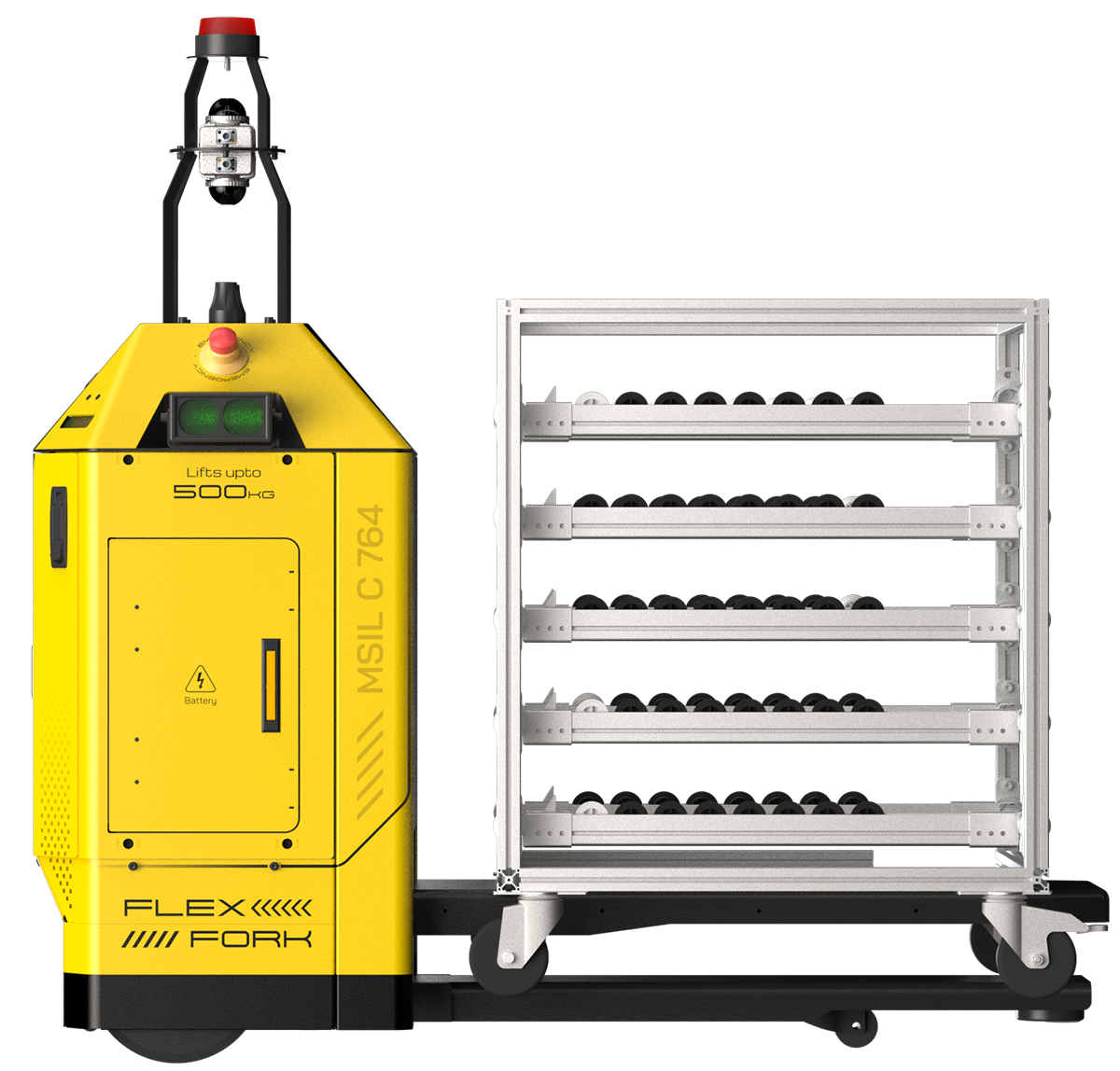 Sherpa Flexfork autonomously transporting a trolley in warehouse environment
