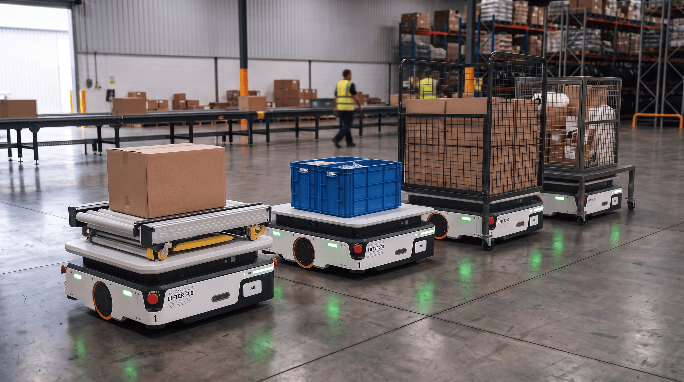 A fleet of Sherpa Lifter 500 robots with roller-top, flat-top, and cage-cart attachments in a warehouse