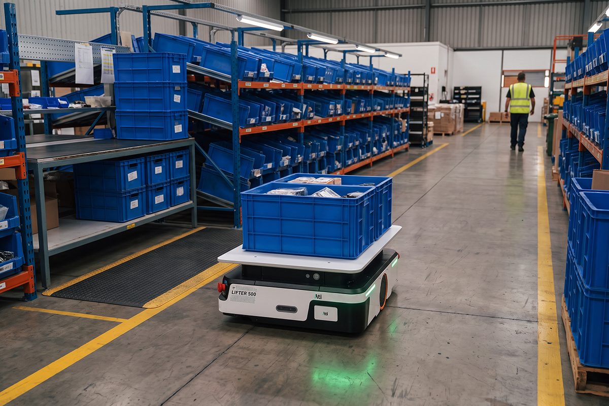 Sherpa Lifter 500 delivering a bin past storage racks in a warehouse aisle
