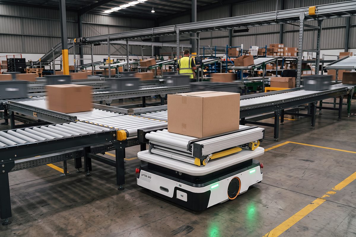 Sherpa Lifter 500 with roller-top attachment transferring a box from a conveyor line