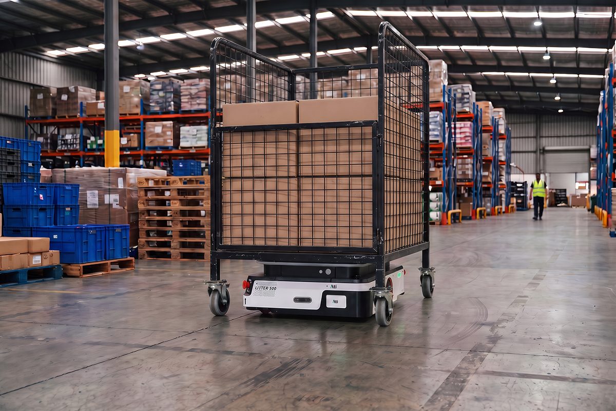 Sherpa Lifter 500 moving a caged trolley loaded with boxes in a warehouse