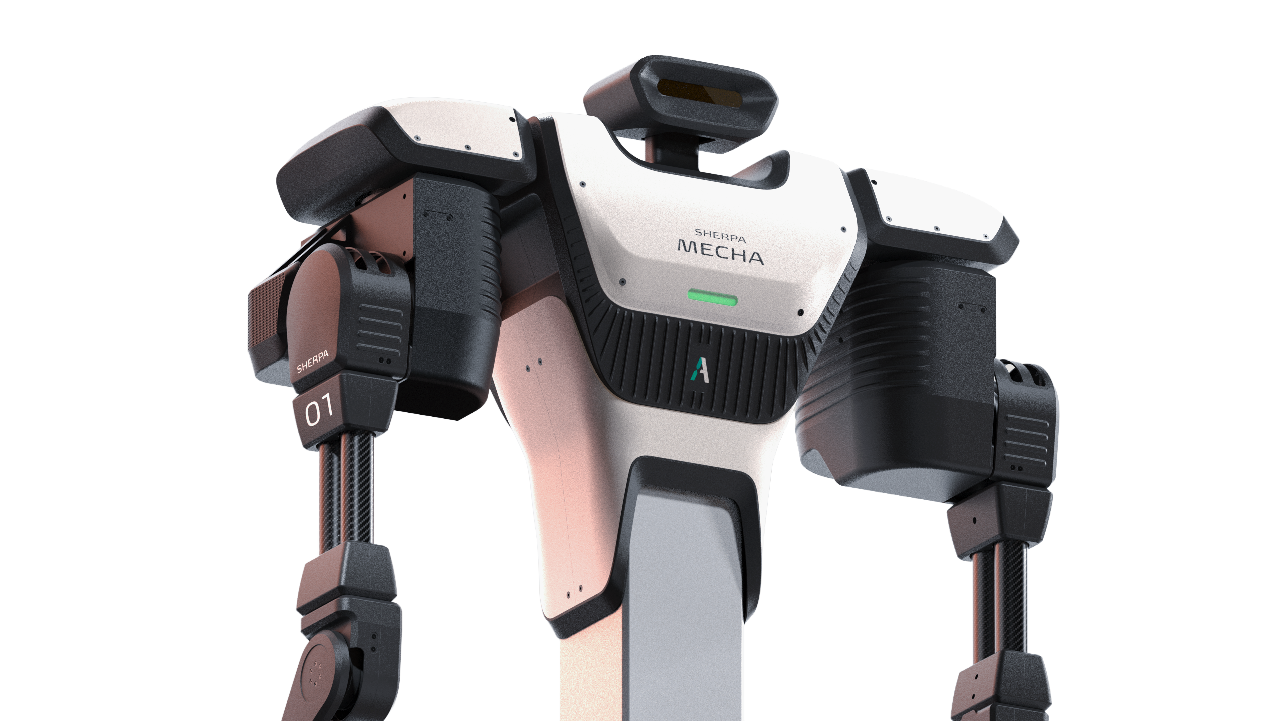 Sherpa Mecha industrial humanoid robot, close detail of shoulder and torso