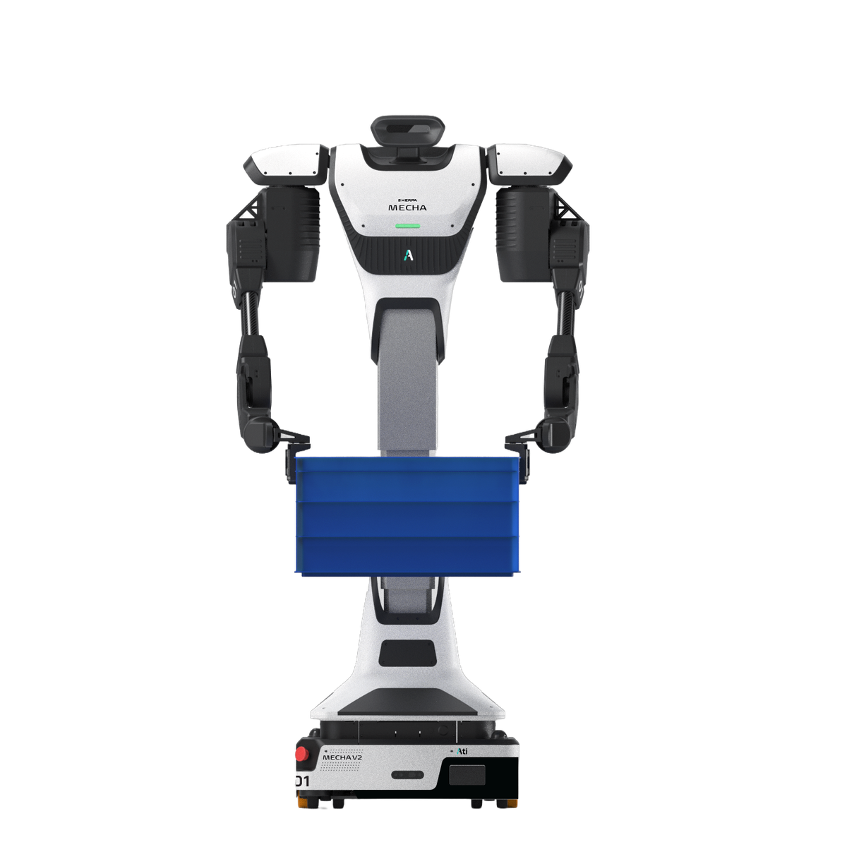 Sherpa Mecha industrial humanoid robot holding a bin at chest height