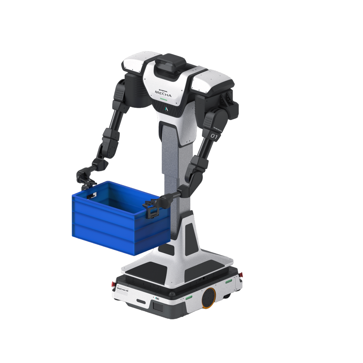 Sherpa Mecha holding a bin, front three-quarter view