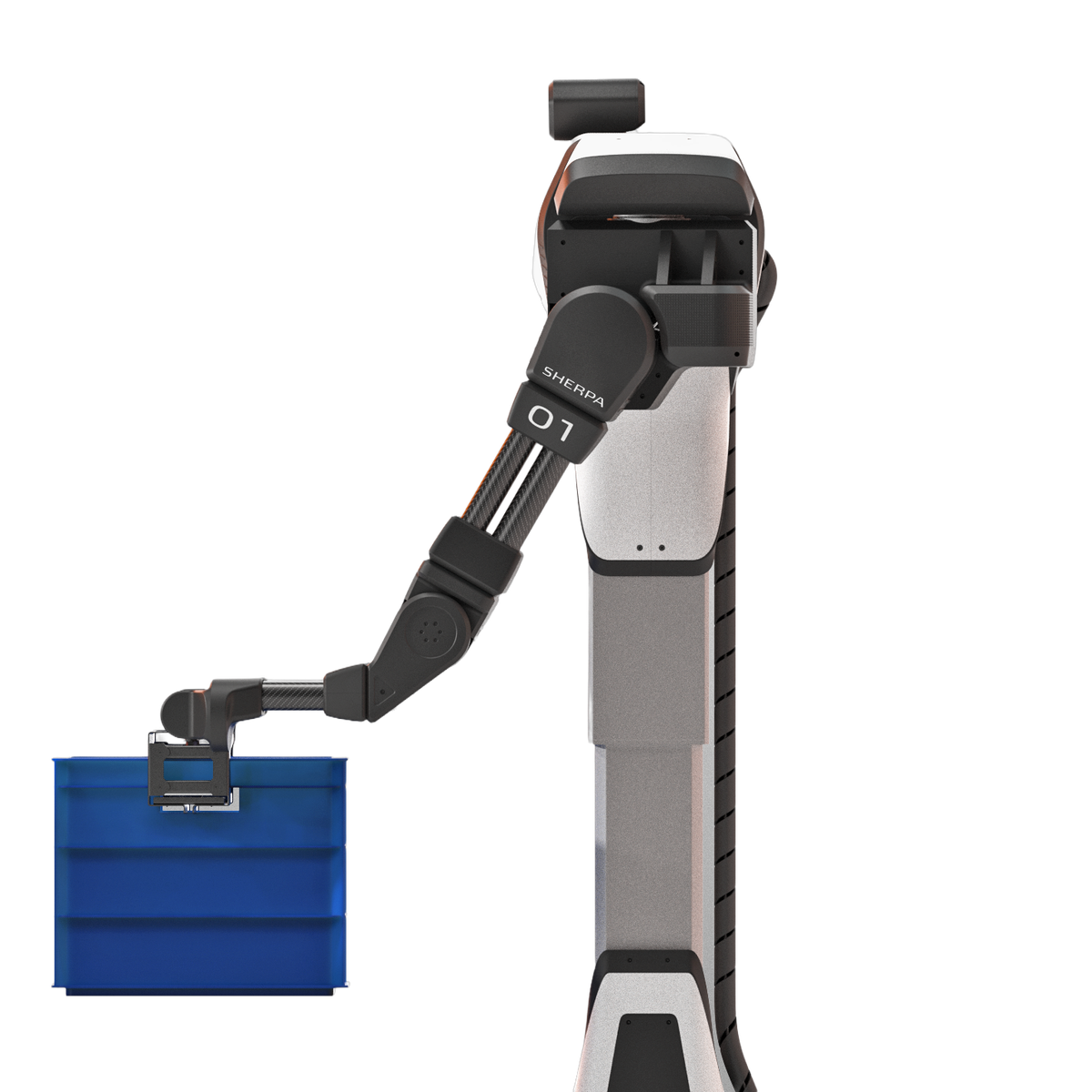 Sherpa Mecha reaching down with a bin, demonstrating adjustable-reach torso