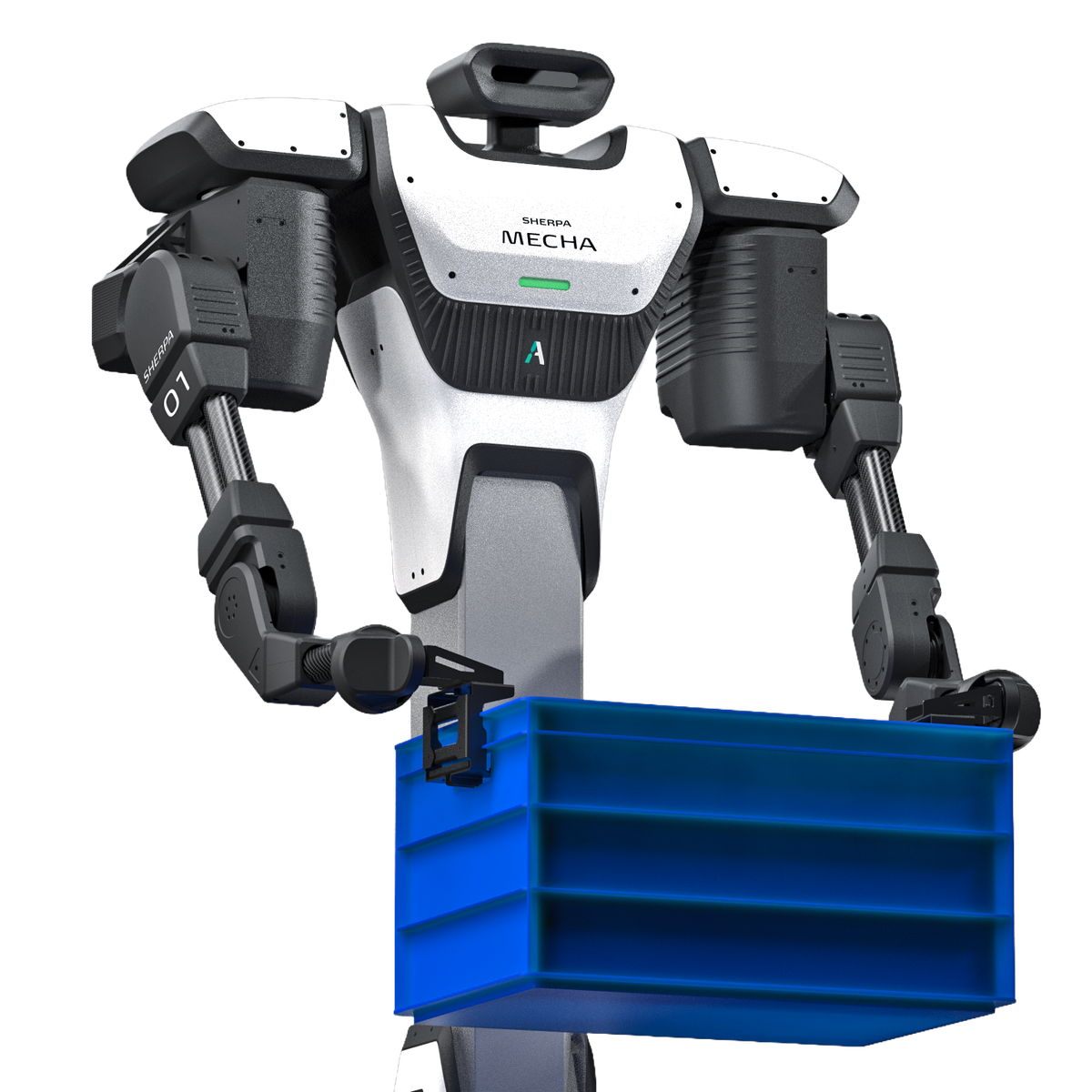 Sherpa Mecha holding a bin with both arms, side view
