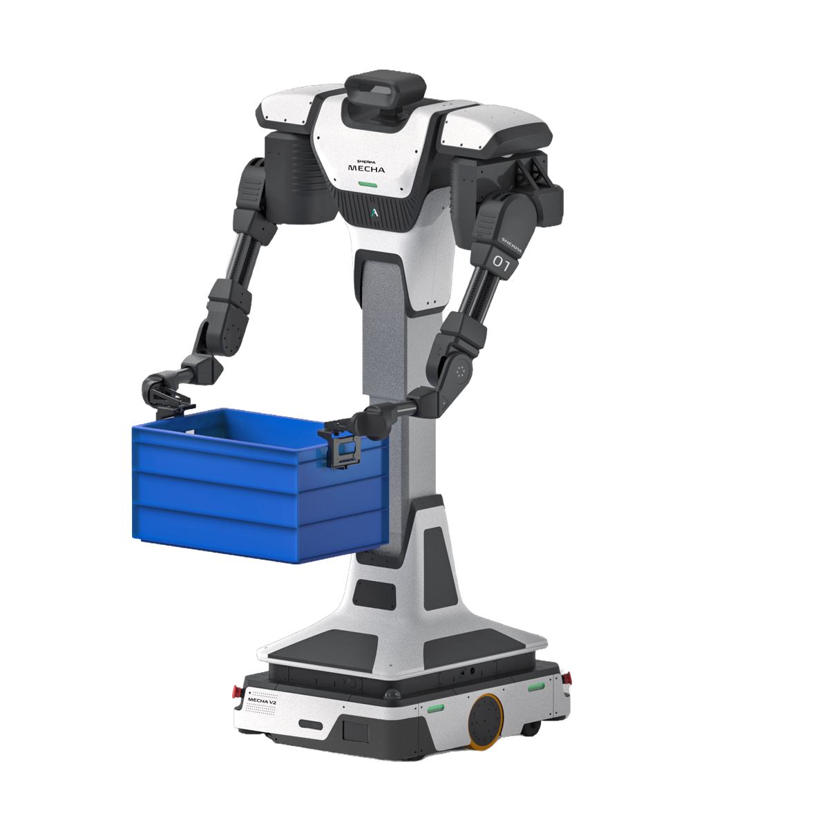 Sherpa Mecha industrial humanoid robot holding a bin, demonstrating reach and payload