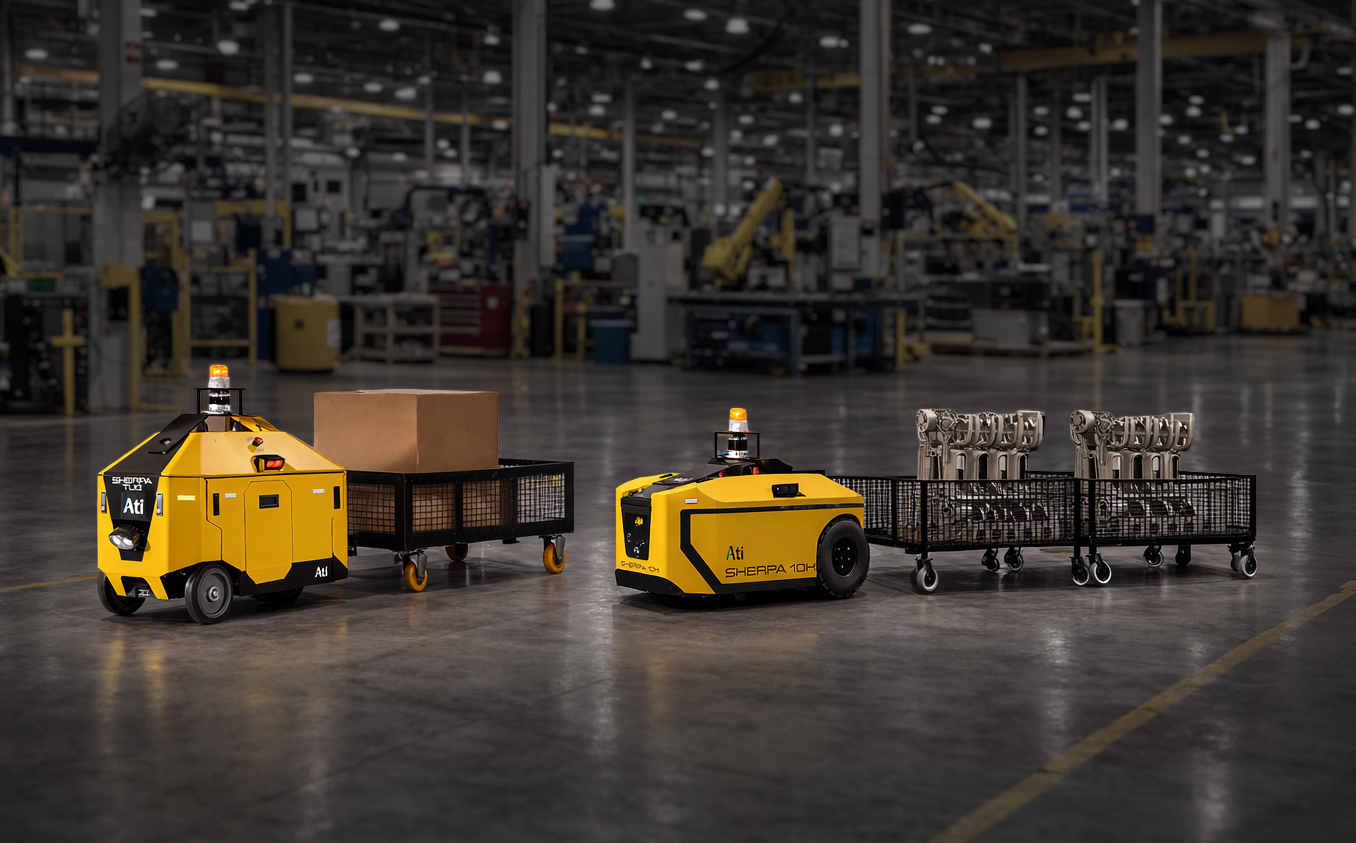 Tugging solution — Sherpa robot towing trolley through factory