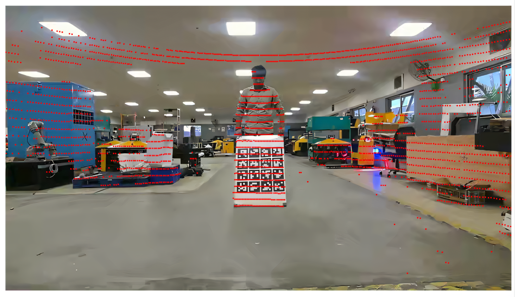 LiDAR points projected onto an RGB image using the estimated LiDAR-camera calibration, aligning with visible scene structure.