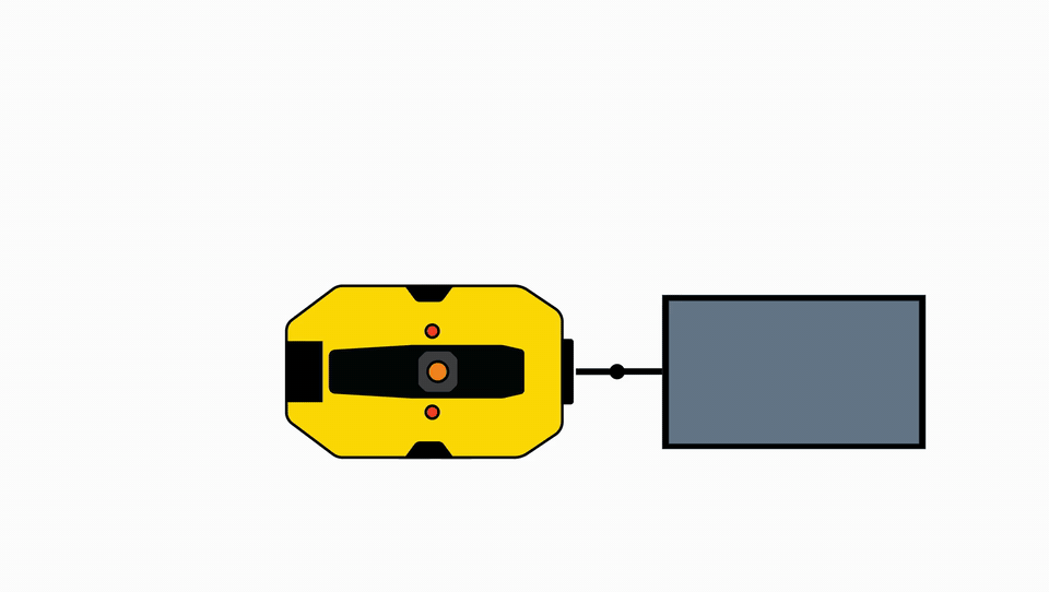 Animation of the mule reversing with a trolley: a small hitch angle grows frame by frame until the rig jackknifes.